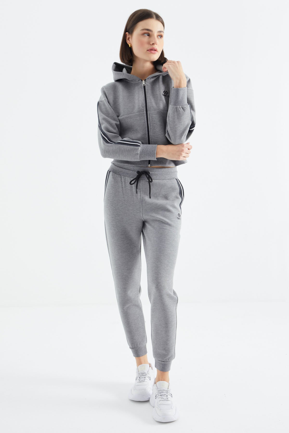 Grey Melange Zippered Women's Tracksuit Set - 95326