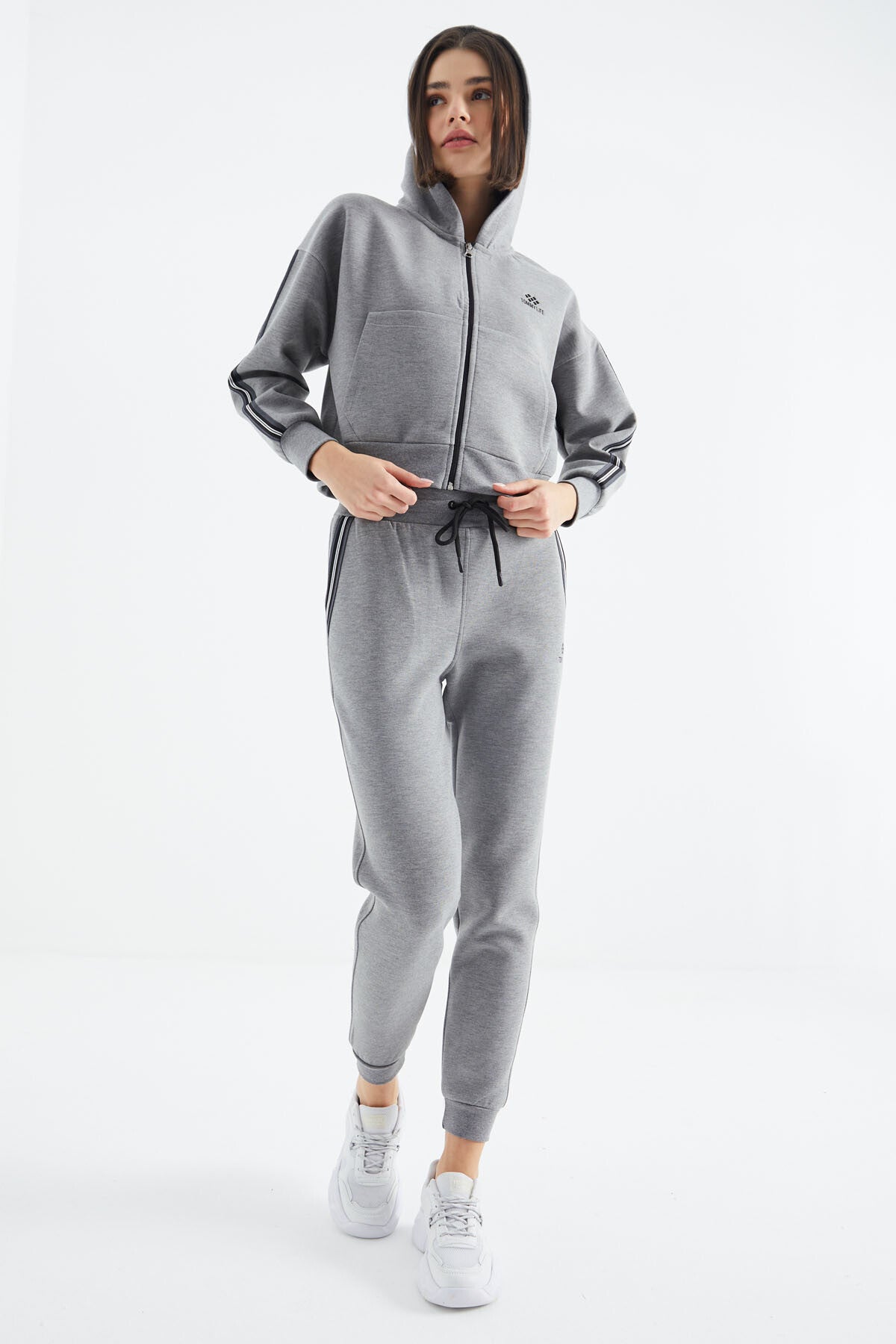 Grey Melange Zippered Women's Tracksuit Set - 95326