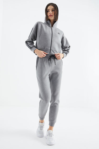 Grey Melange Zippered Women's Tracksuit Set - 95326
