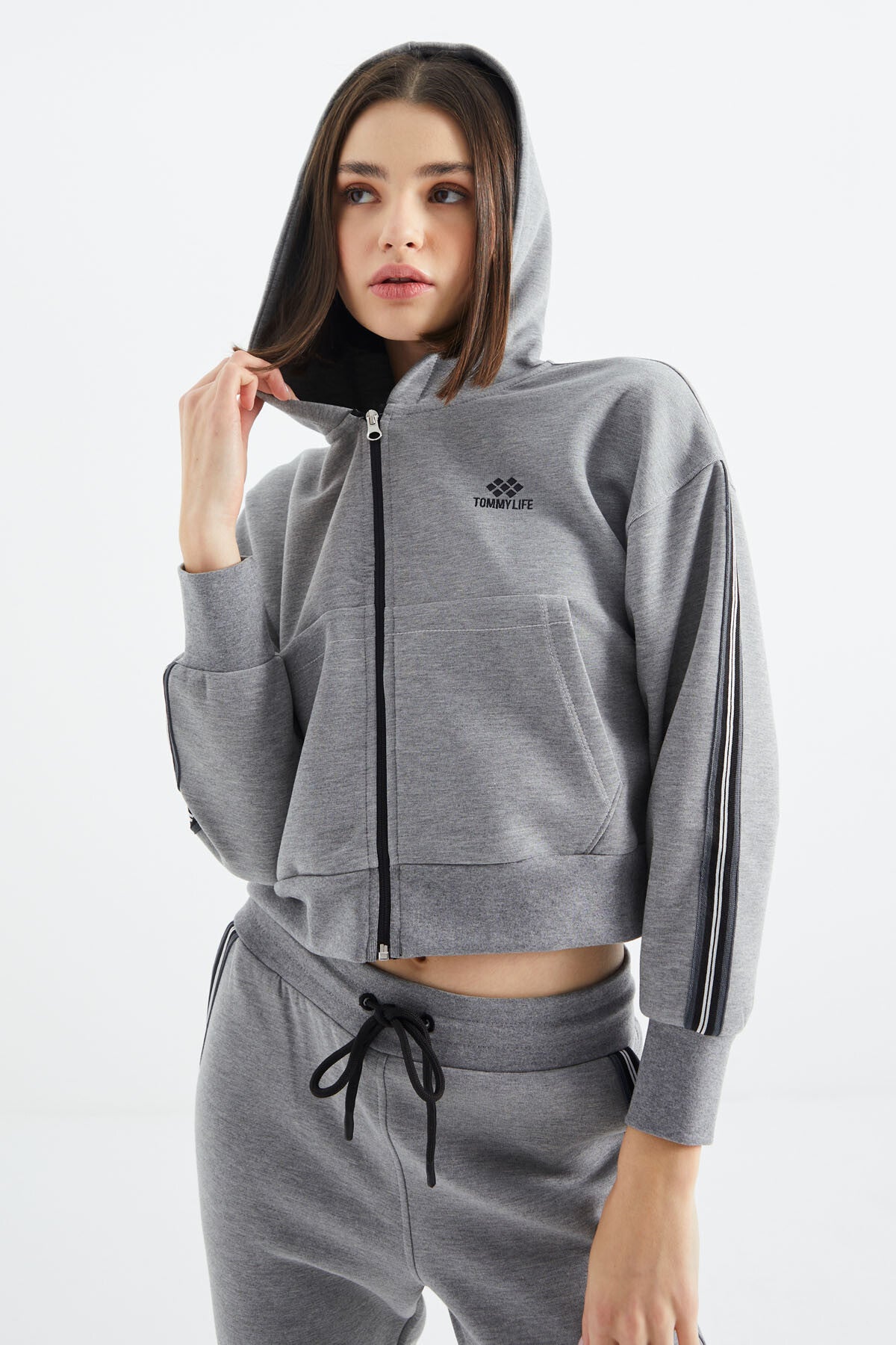 Grey Melange Zippered Women's Tracksuit Set - 95326