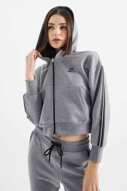Grey Melange Zippered Women's Tracksuit Set - 95326