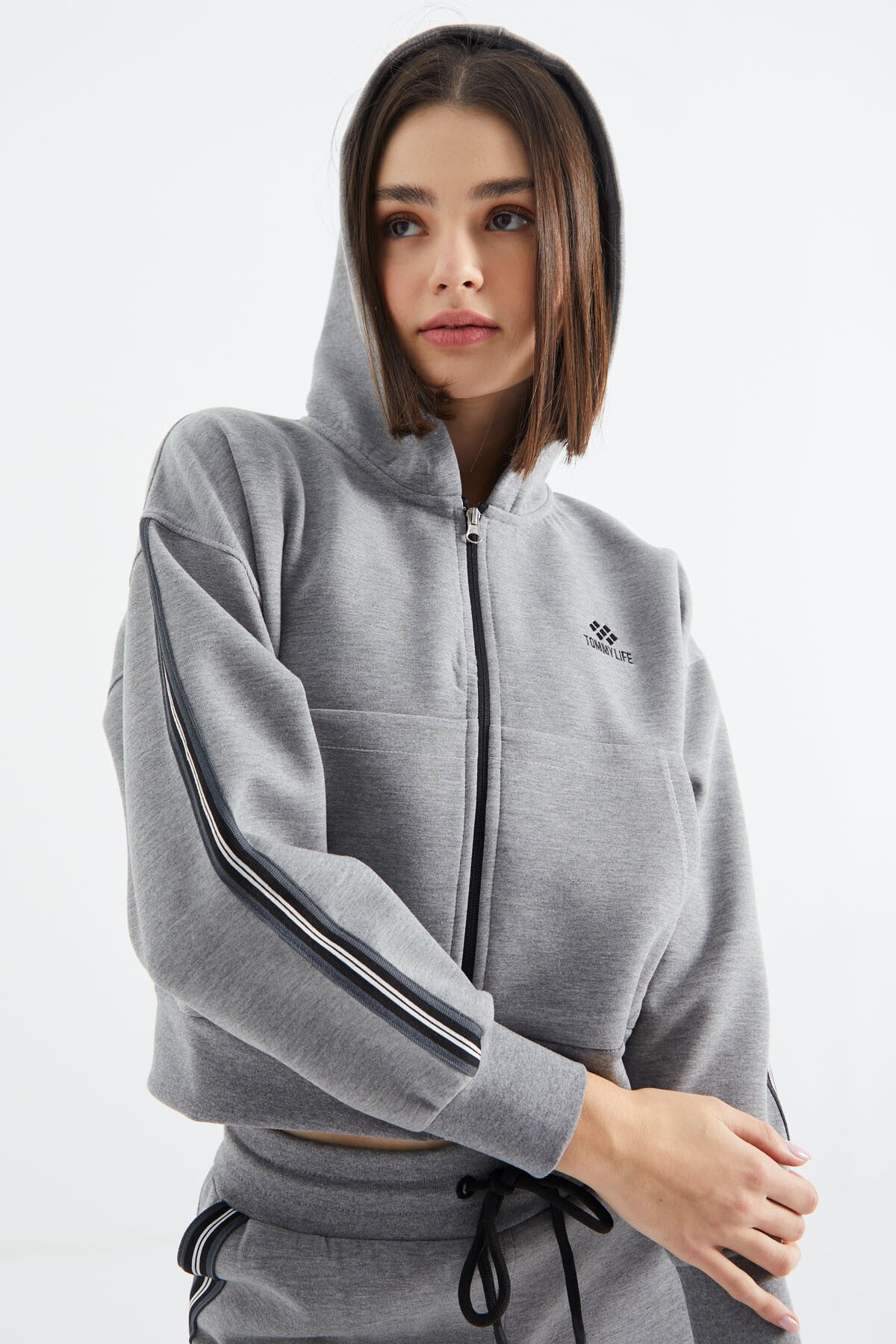 Grey Melange Zippered Women's Tracksuit Set - 95326