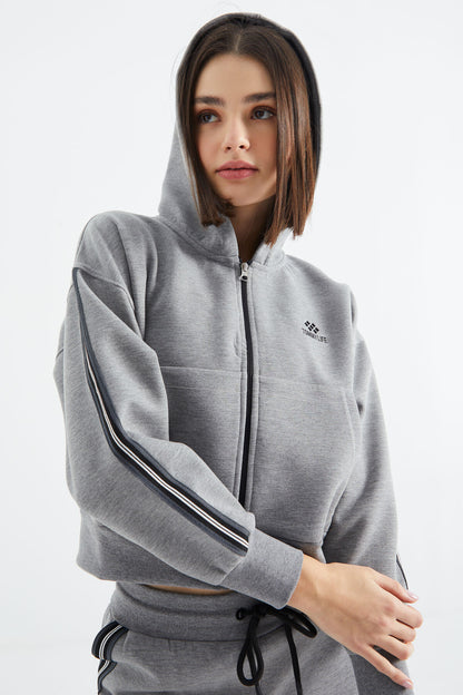 Grey Melange Zippered Women's Tracksuit Set - 95326