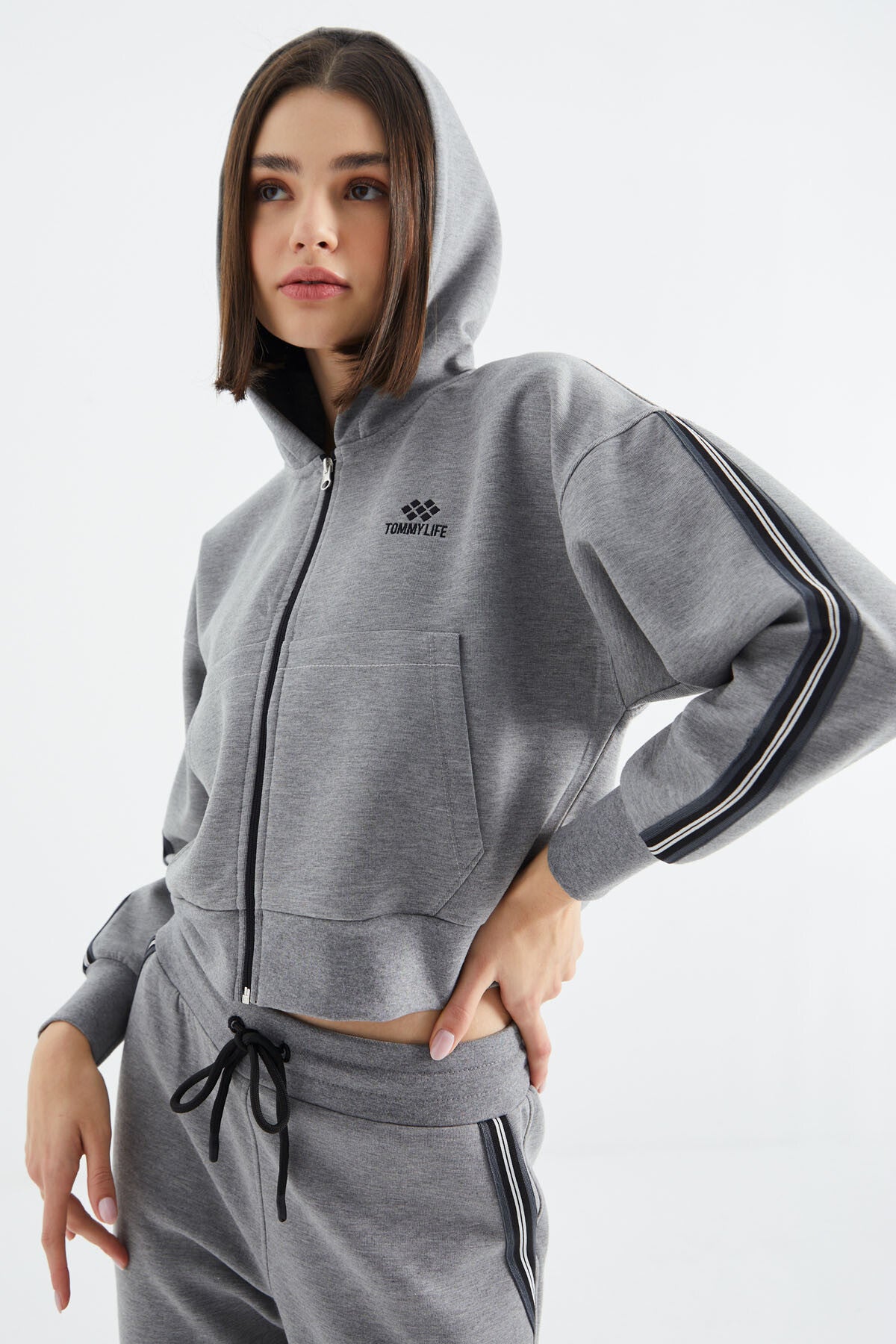 Grey Melange Zippered Women's Tracksuit Set - 95326