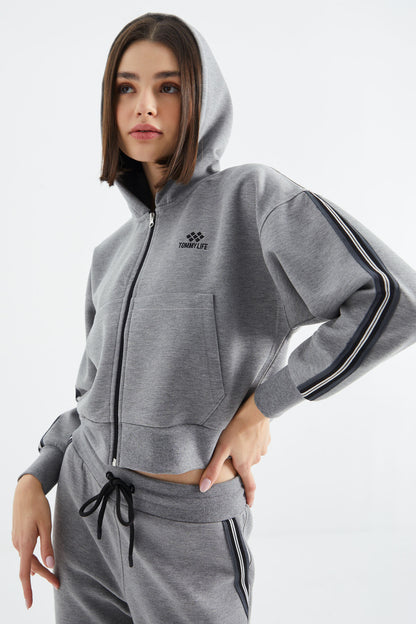 Grey Melange Zippered Women's Tracksuit Set - 95326