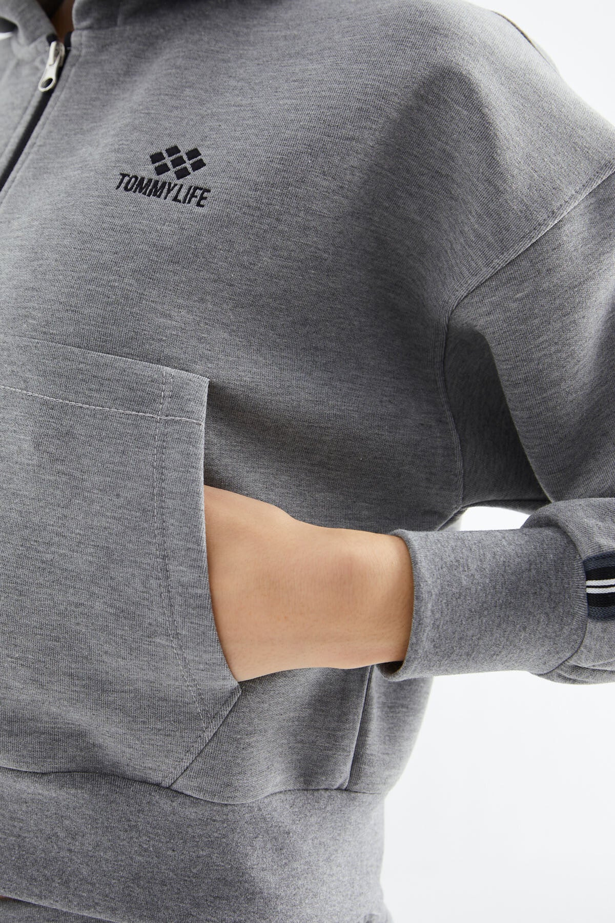 Grey Melange Zippered Women's Tracksuit Set - 95326