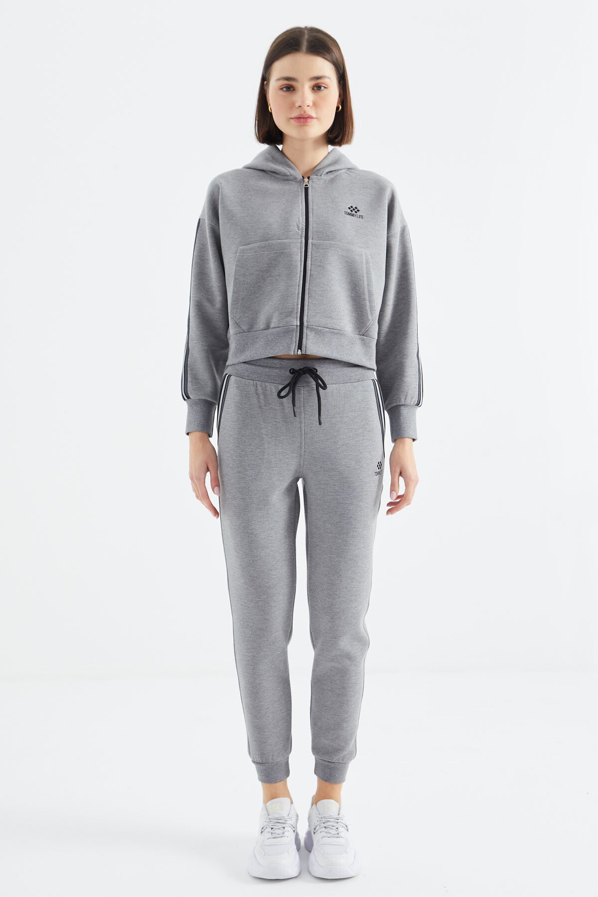 Grey Melange Zippered Women's Tracksuit Set - 95326
