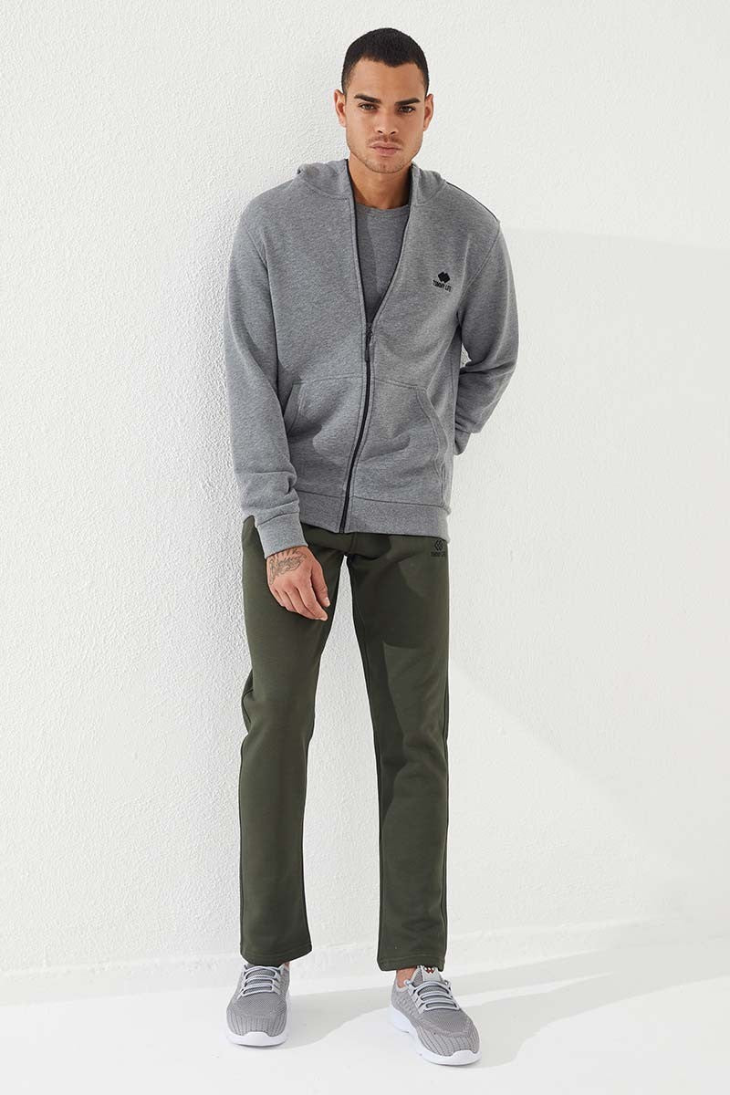 Grey Melange Zippered Standard Fit Hooded Men's Sweatshirt - 87877