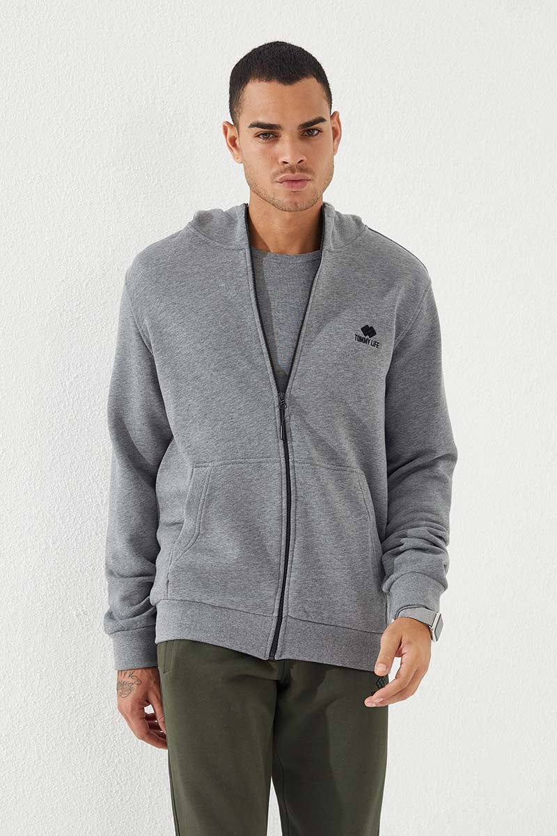Grey Melange Zippered Standard Fit Hooded Men's Sweatshirt - 87877