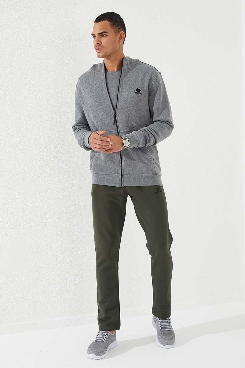 Grey Melange Zippered Standard Fit Hooded Men's Sweatshirt - 87877
