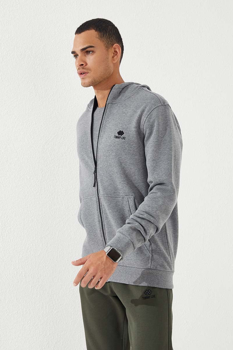 Grey Melange Zippered Standard Fit Hooded Men's Sweatshirt - 87877