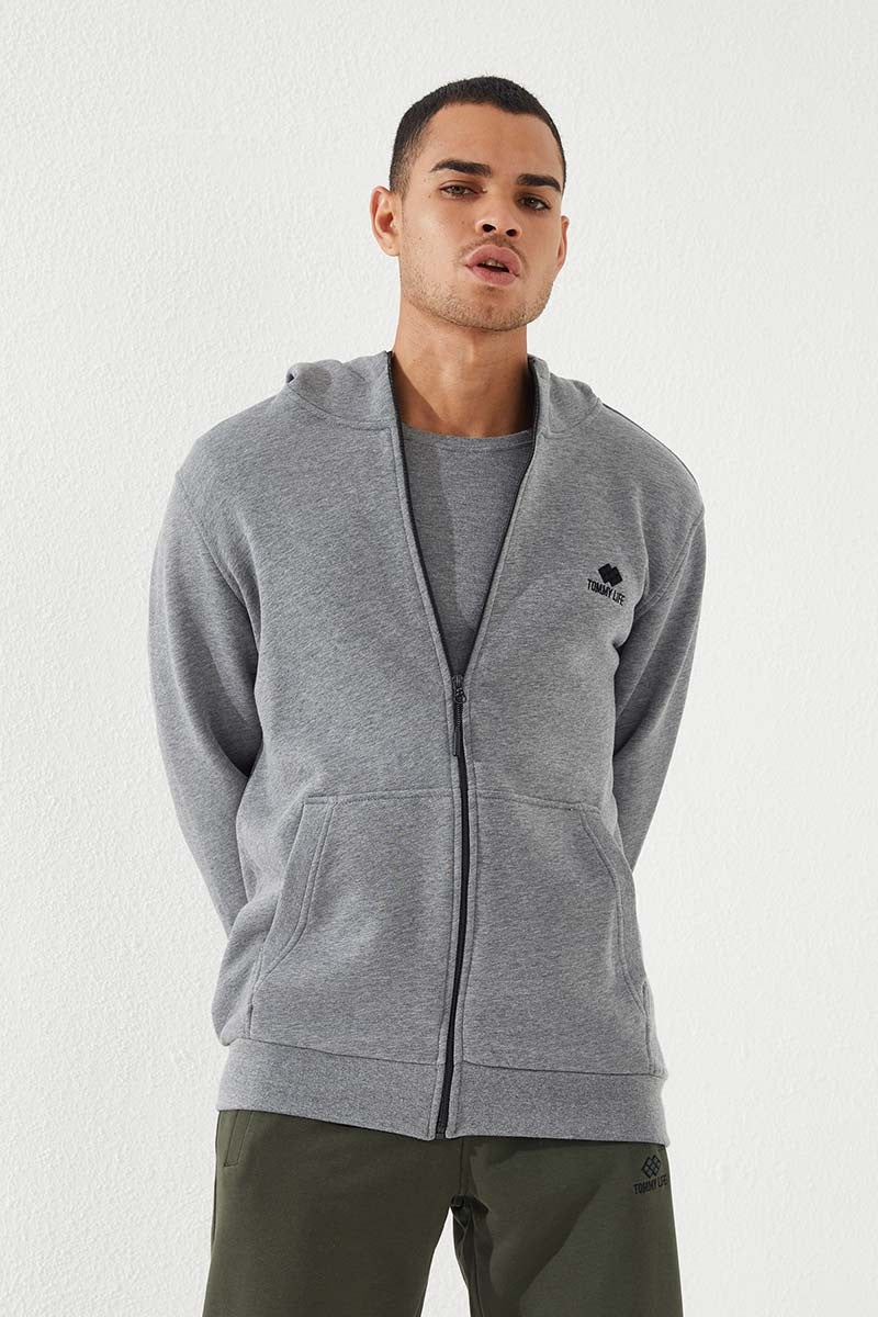 Grey Melange Zippered Standard Fit Hooded Men's Sweatshirt - 87877