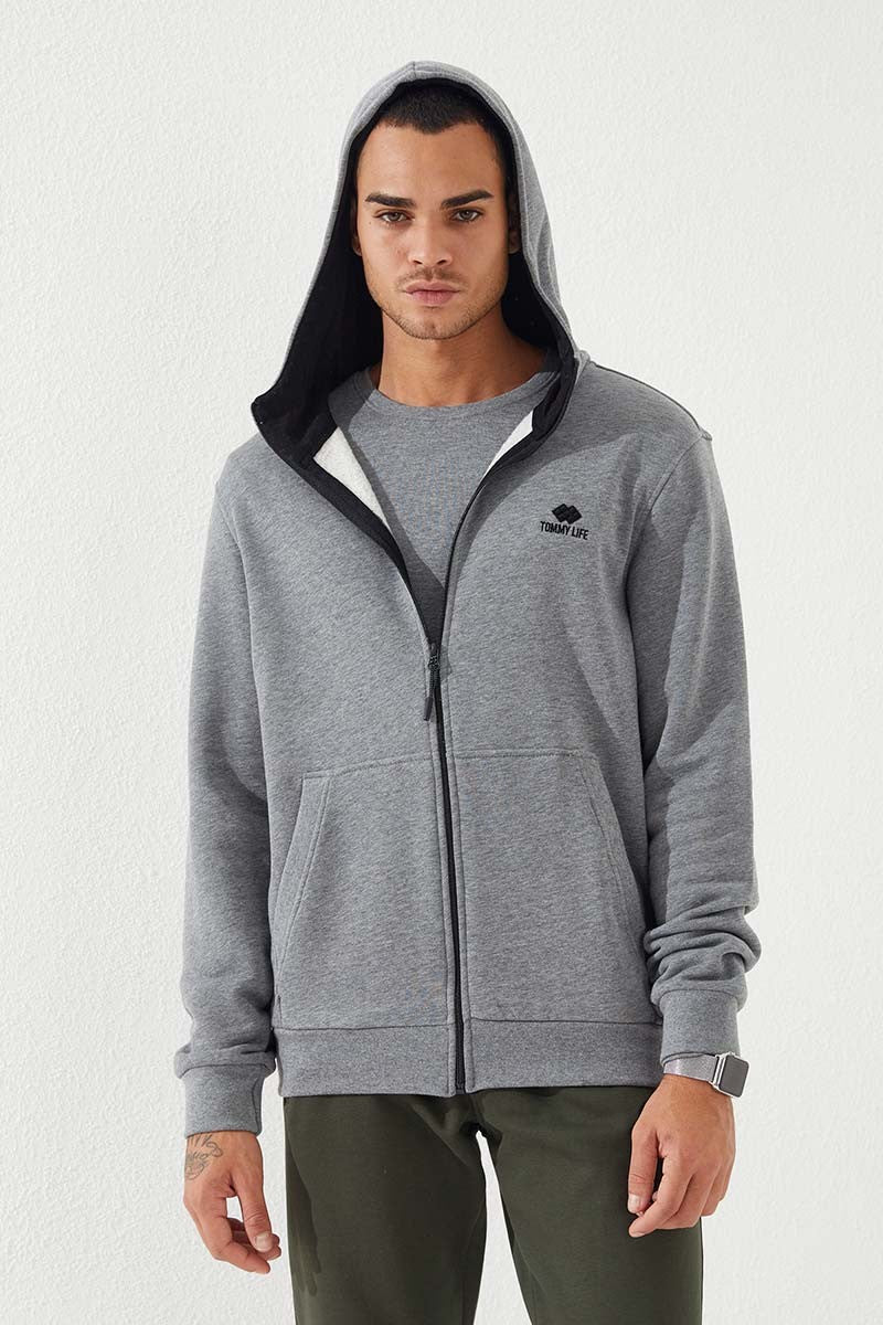 Grey Melange Zippered Standard Fit Hooded Men's Sweatshirt - 87877