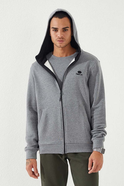 Grey Melange Zippered Standard Fit Hooded Men's Sweatshirt - 87877