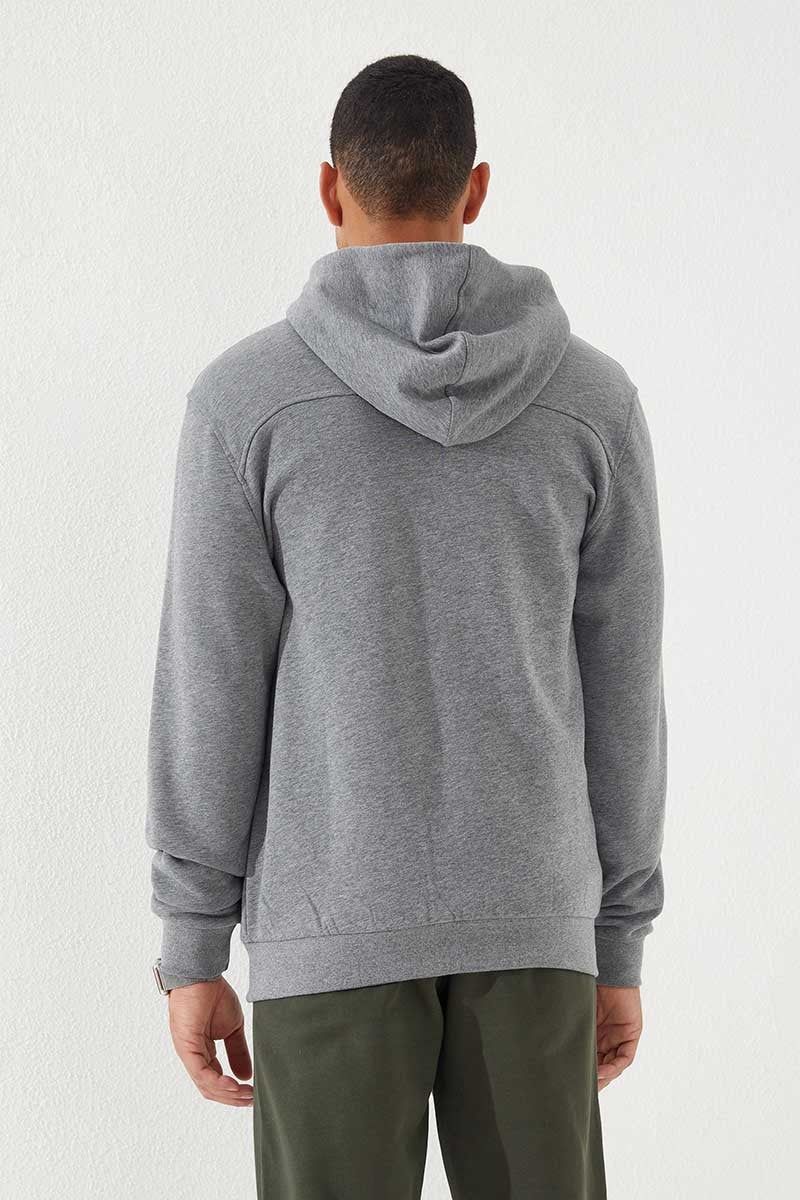 Grey Melange Zippered Standard Fit Hooded Men's Sweatshirt - 87877