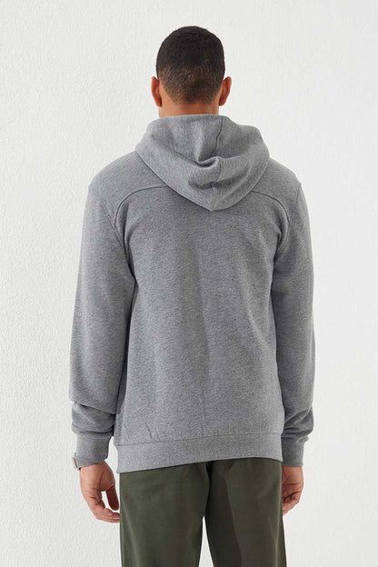 Grey Melange Zippered Standard Fit Hooded Men's Sweatshirt - 87877