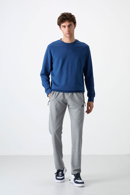 Grey Melange Zippered Three-Pocket Slim Fit Classic Cuff Men's Tracksuit Bottom - 84671