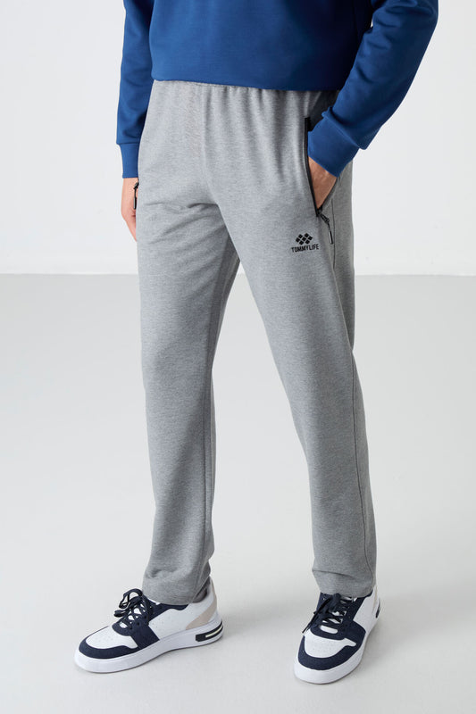Grey Melange Zippered Three-Pocket Slim Fit Classic Cuff Men's Tracksuit Bottom - 84671