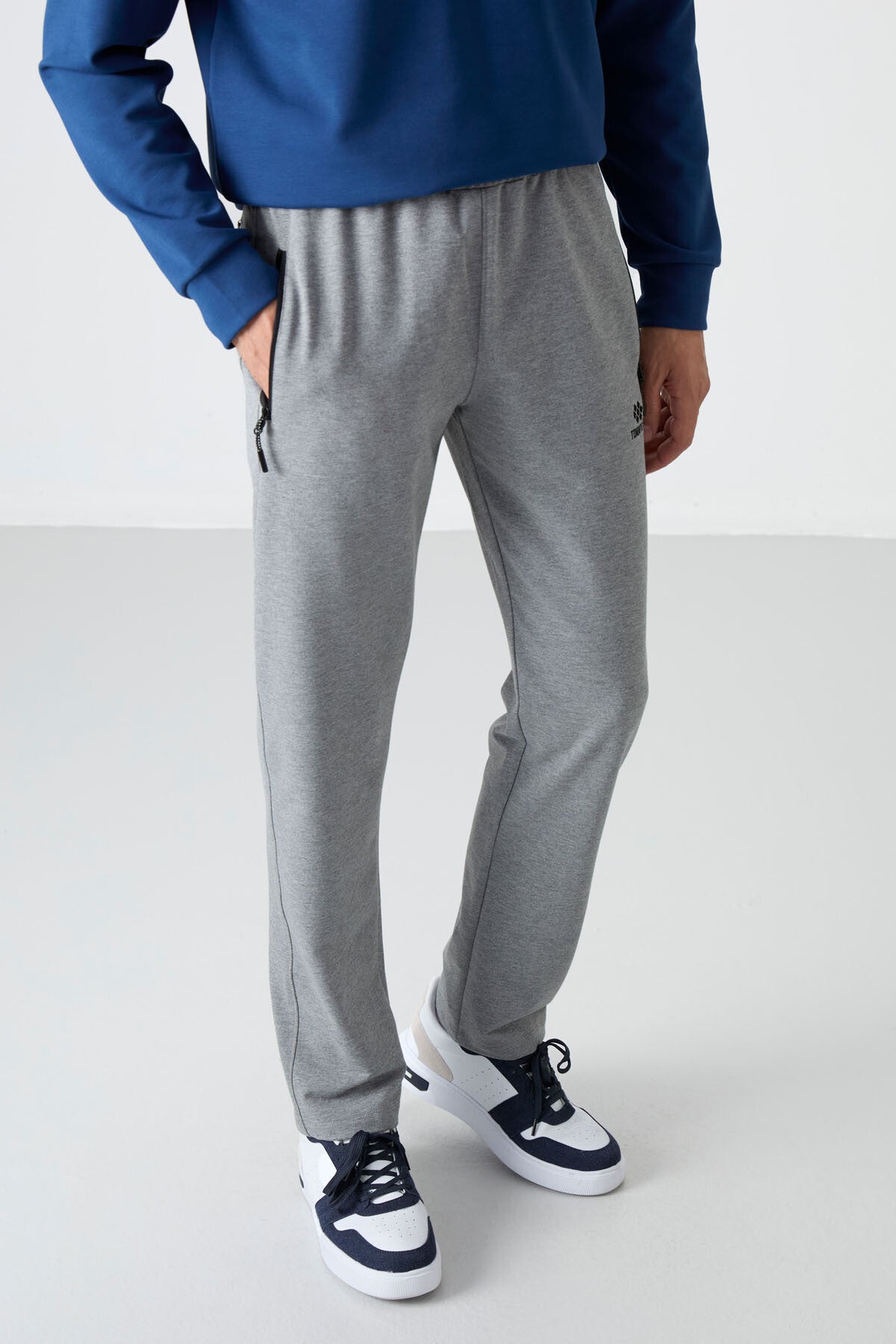 Grey Melange Zippered Three-Pocket Slim Fit Classic Cuff Men's Tracksuit Bottom - 84671
