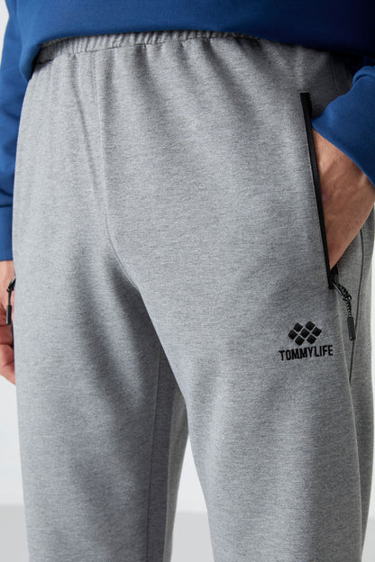 Grey Melange Zippered Three-Pocket Slim Fit Classic Cuff Men's Tracksuit Bottom - 84671