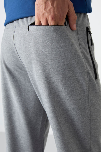 Grey Melange Zippered Three-Pocket Slim Fit Classic Cuff Men's Tracksuit Bottom - 84671