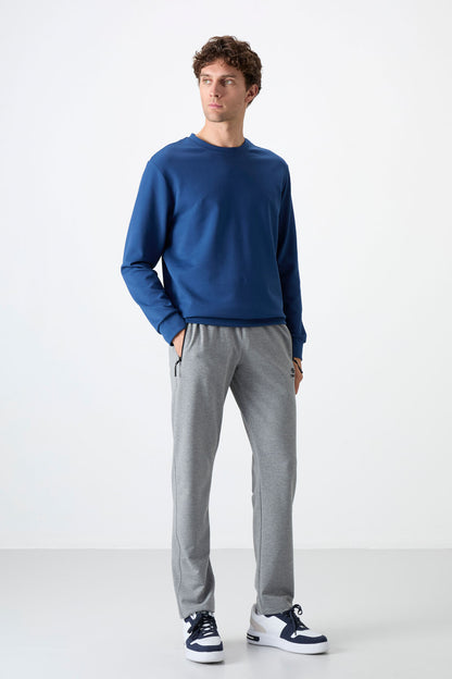 Grey Melange Zippered Three-Pocket Slim Fit Classic Cuff Men's Tracksuit Bottom - 84671