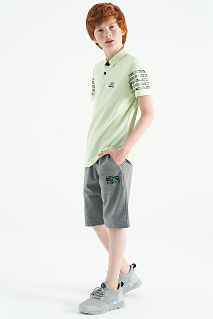 Grey Melange Hidden Pocket Detailed Embroidered Pattern Laced Standard Fit Boys Shorts - 10886