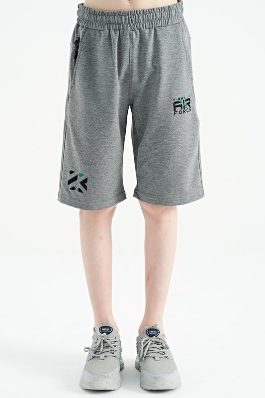 Grey Melange Hidden Pocket Detailed Embroidered Pattern Laced Standard Fit Boys Shorts - 10886