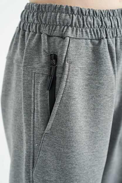 Grey Melange Hidden Pocket Detailed Embroidered Pattern Laced Standard Fit Boys Shorts - 10886