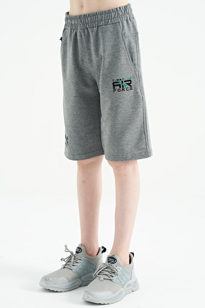 Grey Melange Hidden Pocket Detailed Embroidered Pattern Laced Standard Fit Boys Shorts - 10886