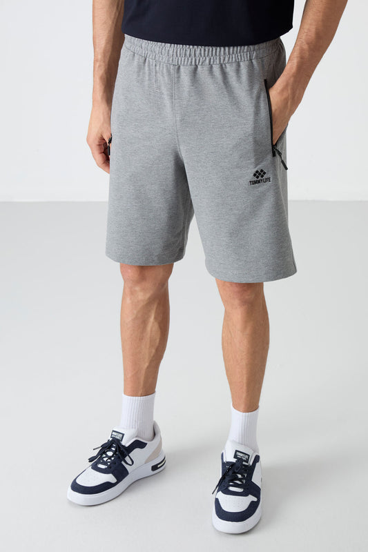 Grey Melange Hidden Zipper Back Pocket Laced Standard Fit Men's Shorts - 81136