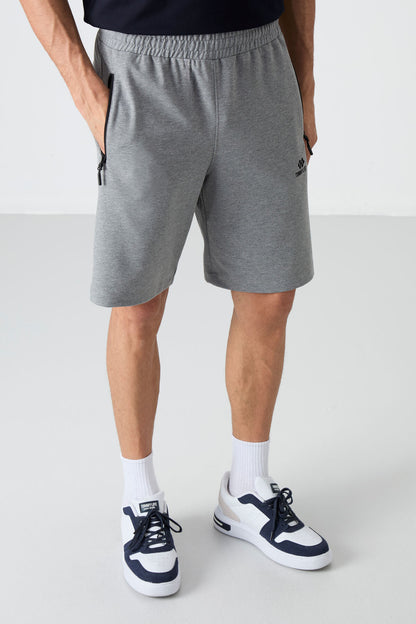 Grey Melange Hidden Zipper Back Pocket Laced Standard Fit Men's Shorts - 81136