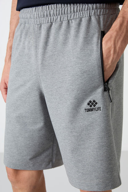Grey Melange Hidden Zipper Back Pocket Laced Standard Fit Men's Shorts - 81136