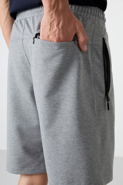 Grey Melange Hidden Zipper Back Pocket Laced Standard Fit Men's Shorts - 81136