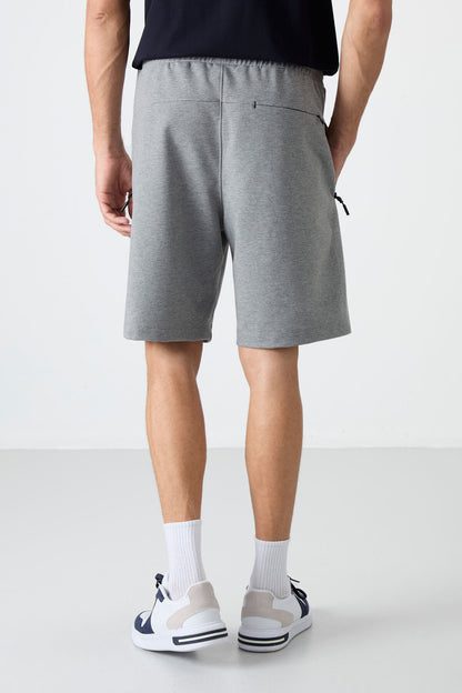 Grey Melange Hidden Zipper Back Pocket Laced Standard Fit Men's Shorts - 81136