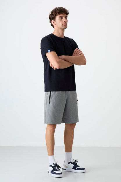 Grey Melange Hidden Zipper Back Pocket Laced Standard Fit Men's Shorts - 81136