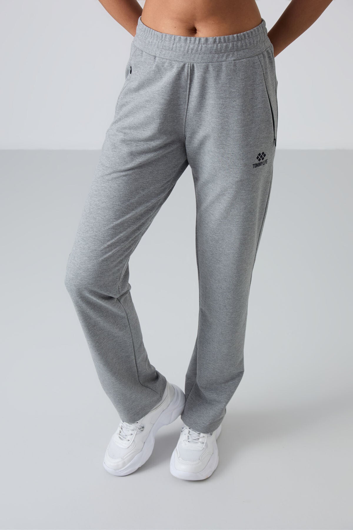 Grey Melange Hidden Zipper Pocket Comfort Fit Classic Hem Women's Tracksuit Bottom - 94148