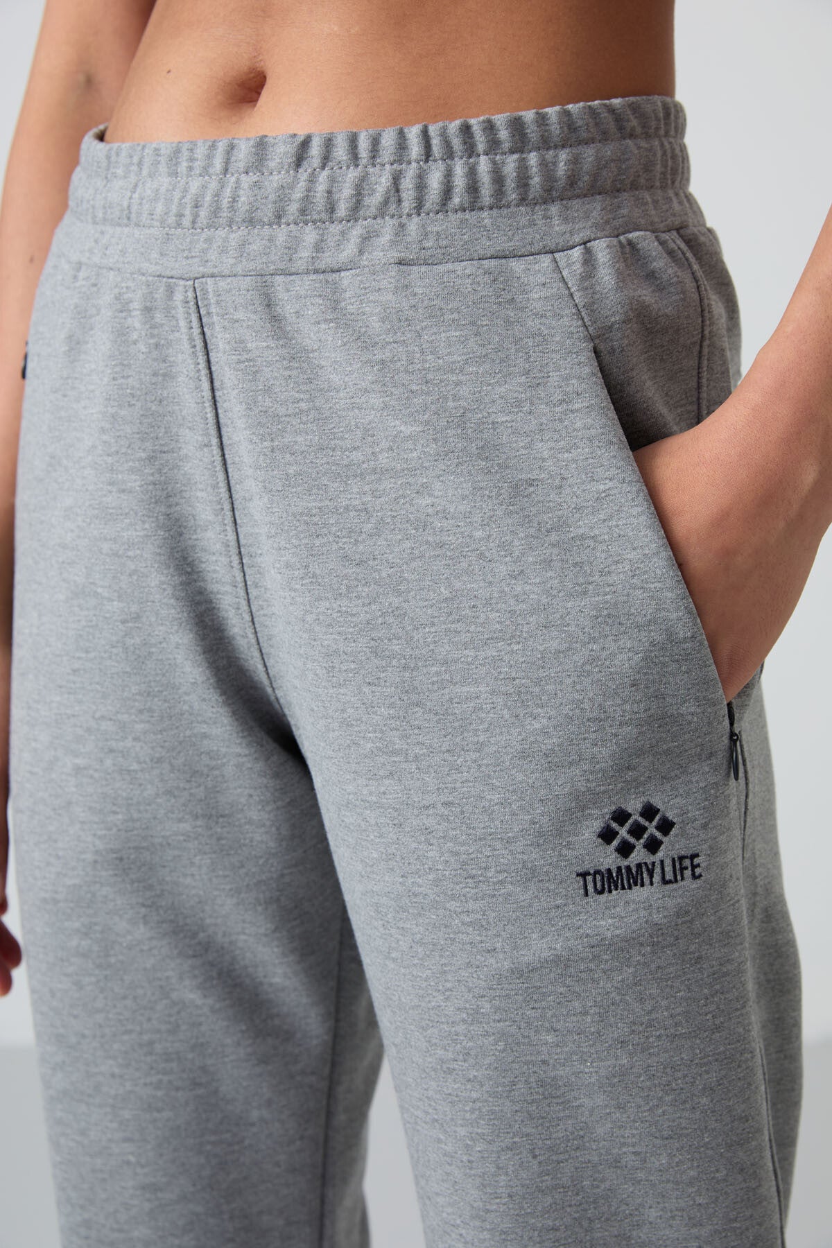 Grey Melange Hidden Zipper Pocket Comfort Fit Classic Hem Women's Tracksuit Bottom - 94148