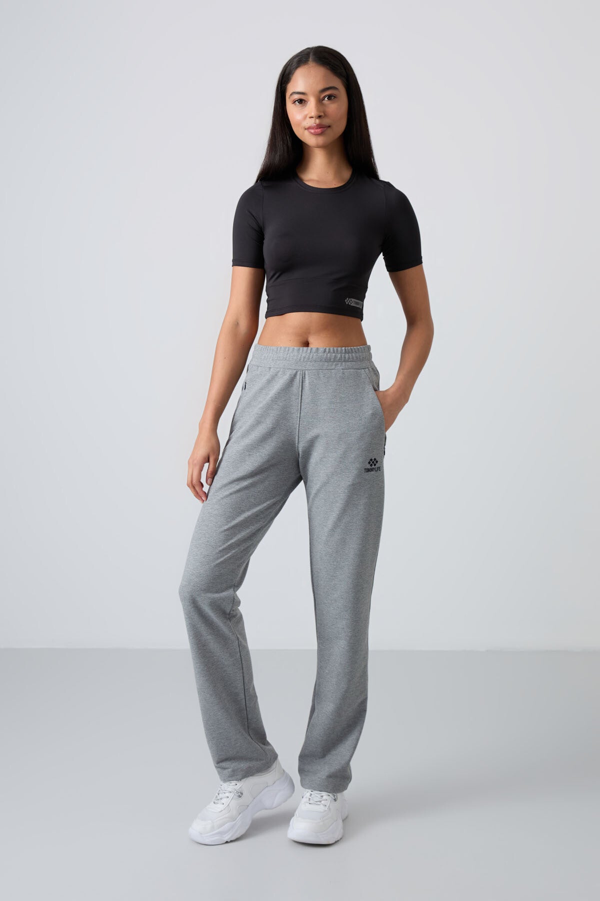 Grey Melange Hidden Zipper Pocket Comfort Fit Classic Hem Women's Tracksuit Bottom - 94148
