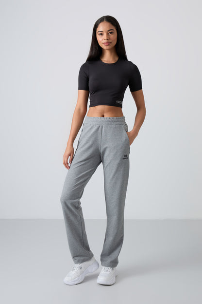Grey Melange Hidden Zipper Pocket Comfort Fit Classic Hem Women's Tracksuit Bottom - 94148