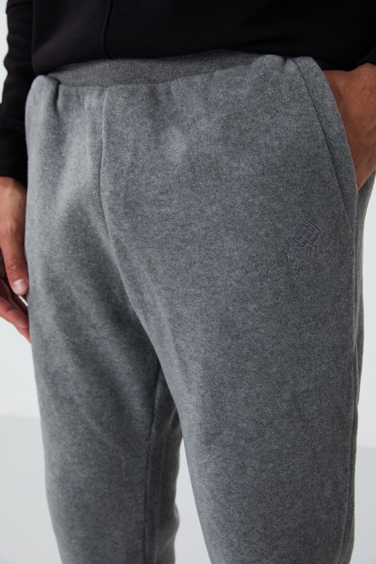 Grey Melange Hidden Zipper Comfort Fit Elastic Cuffed Fleece Men's Tracksuit Bottom - 84866
