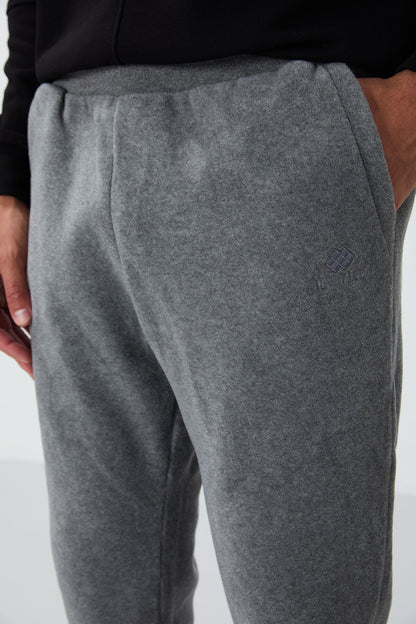 Grey Melange Hidden Zipper Comfort Fit Elastic Cuffed Fleece Men's Tracksuit Bottom - 84866