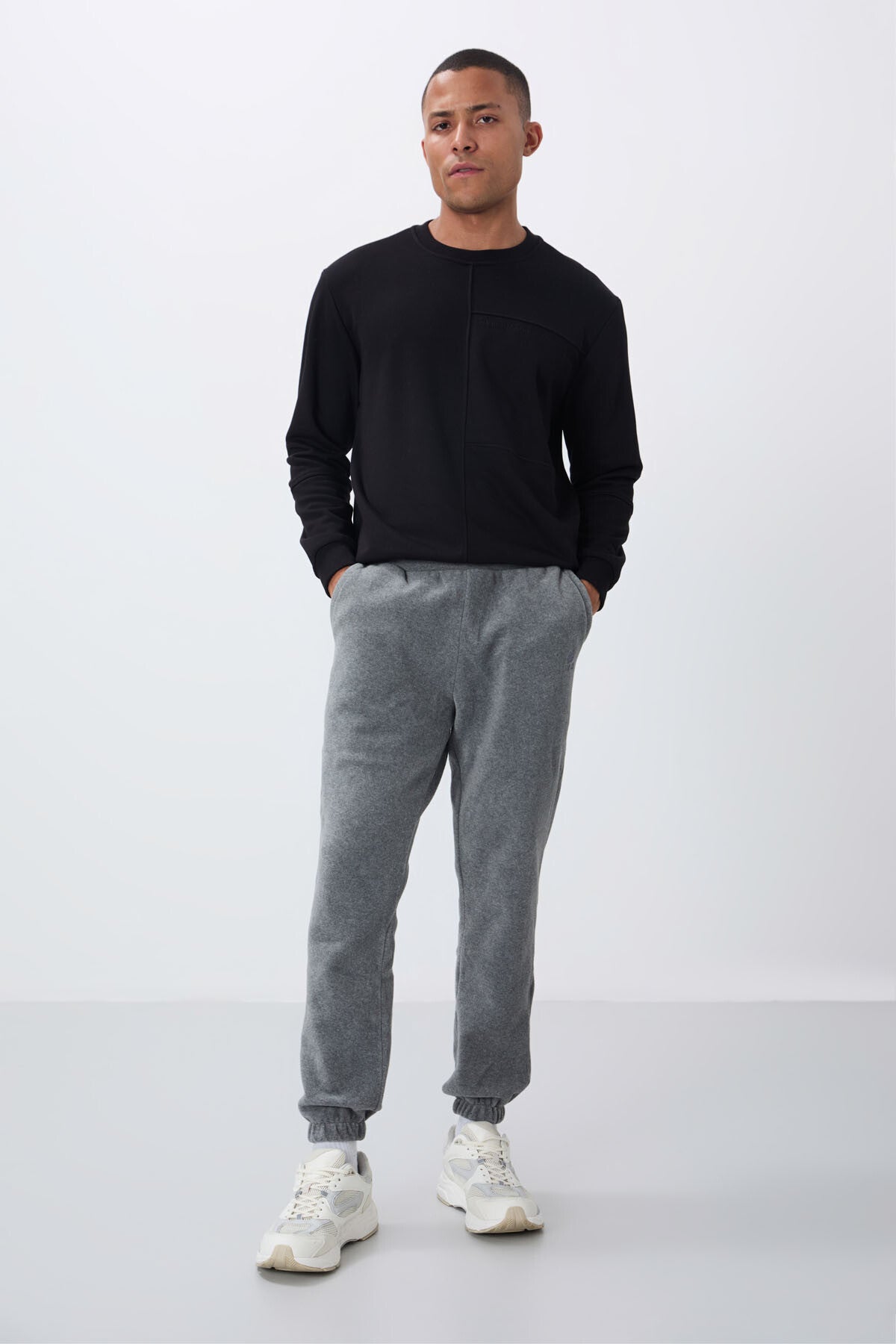 Grey Melange Hidden Zipper Comfort Fit Elastic Cuffed Fleece Men's Tracksuit Bottom - 84866