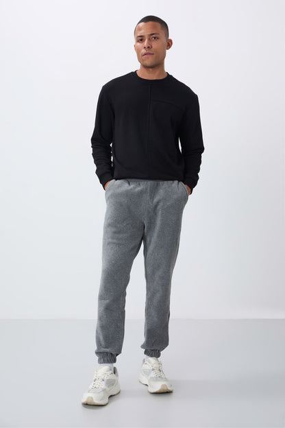 Grey Melange Hidden Zipper Comfort Fit Elastic Cuffed Fleece Men's Tracksuit Bottom - 84866