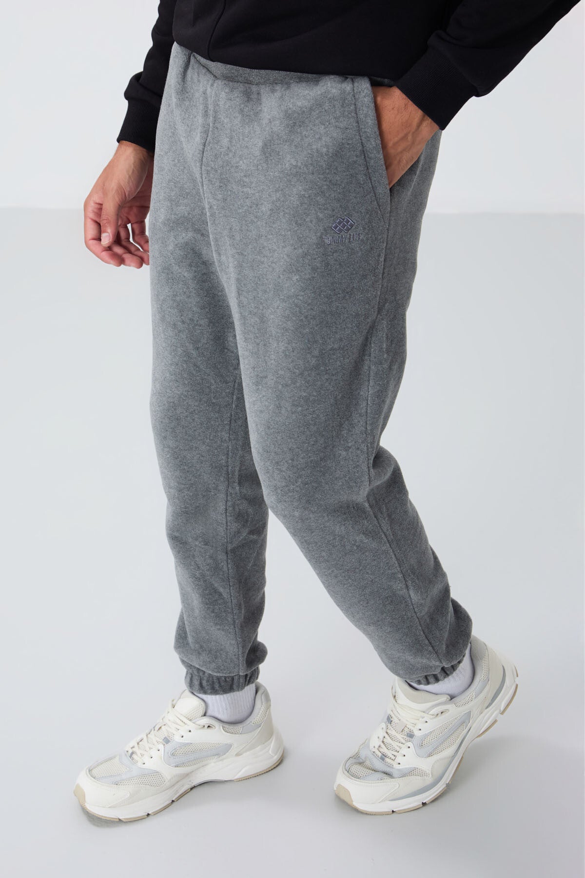 Grey Melange Hidden Zipper Comfort Fit Elastic Cuffed Fleece Men's Tracksuit Bottom - 84866