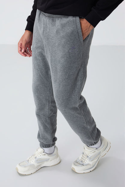 Grey Melange Hidden Zipper Comfort Fit Elastic Cuffed Fleece Men's Tracksuit Bottom - 84866
