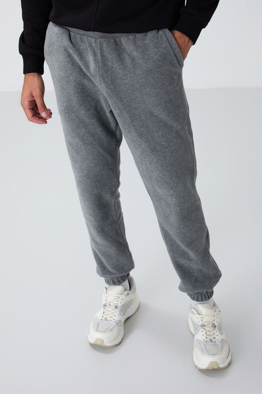 Grey Melange Hidden Zipper Comfort Fit Elastic Cuffed Fleece Men's Tracksuit Bottom - 84866