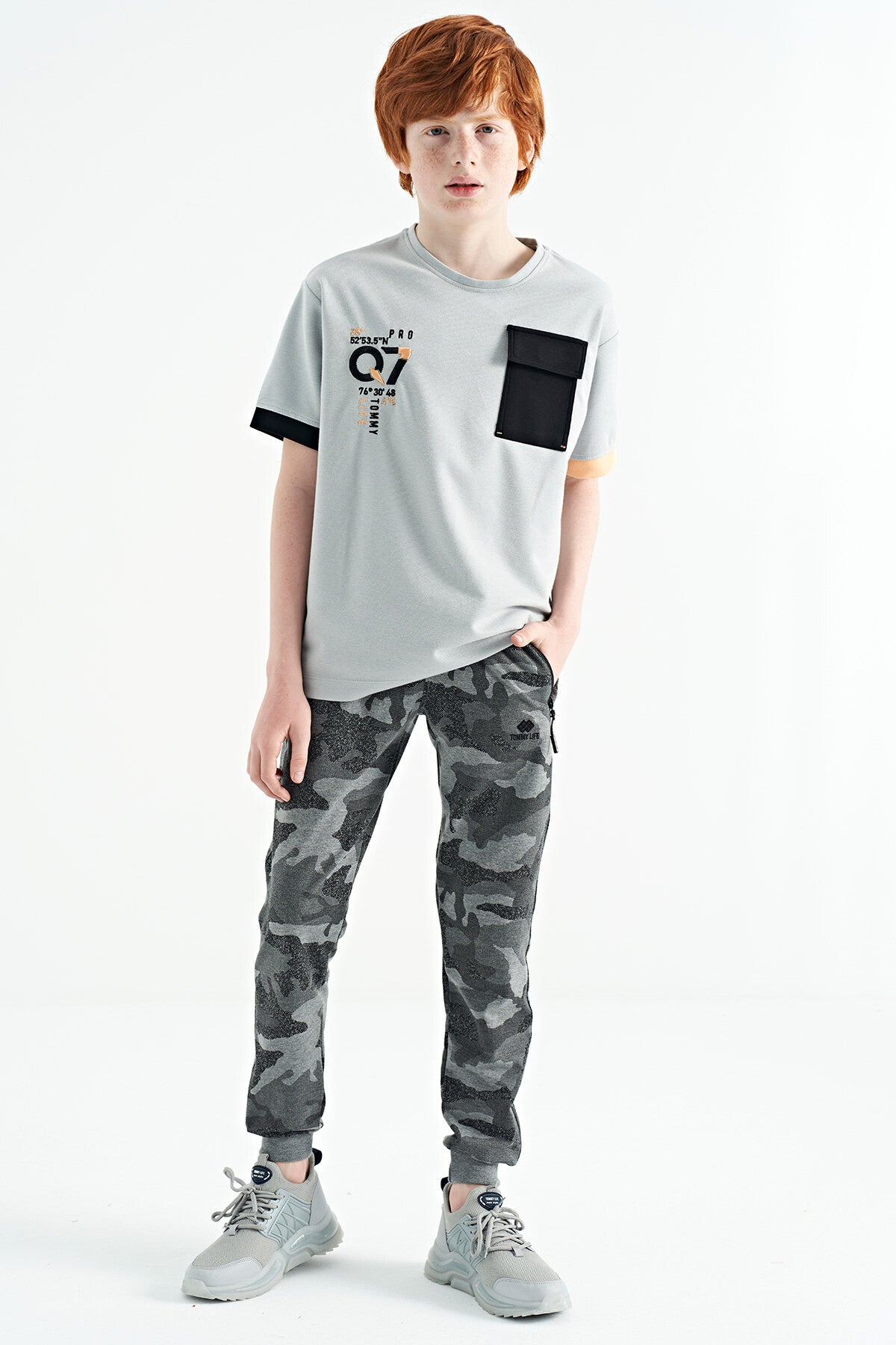 Grey Melange Camouflage Print Detailed Standard Fit Jogger Boys' Tracksuit Bottom - 11096