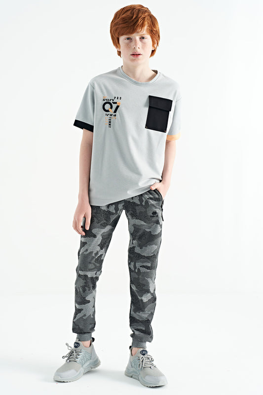 Grey Melange Camouflage Print Detailed Standard Fit Jogger Boys' Tracksuit Bottom - 11096