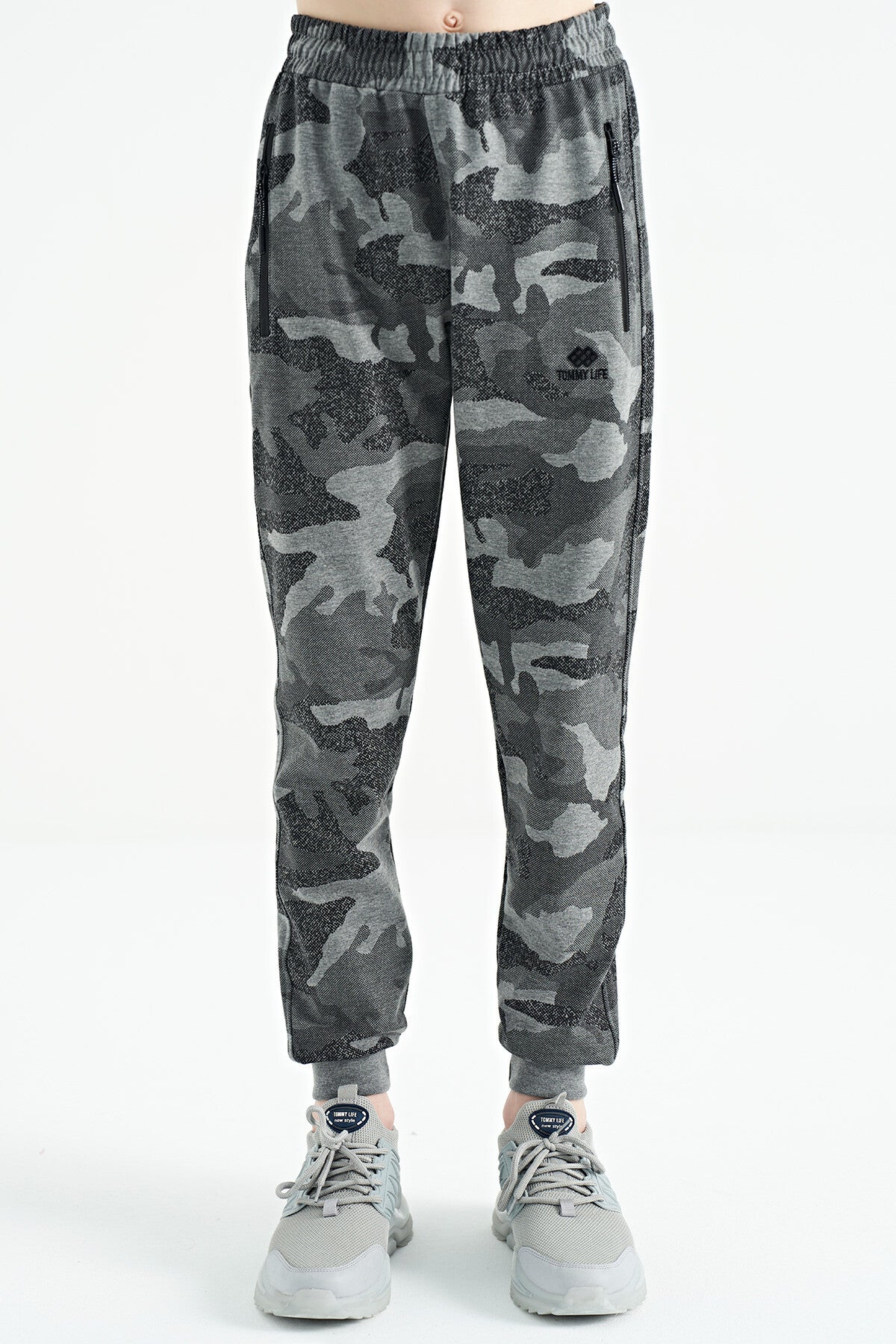 Grey Melange Camouflage Print Detailed Standard Fit Jogger Boys' Tracksuit Bottom - 11096